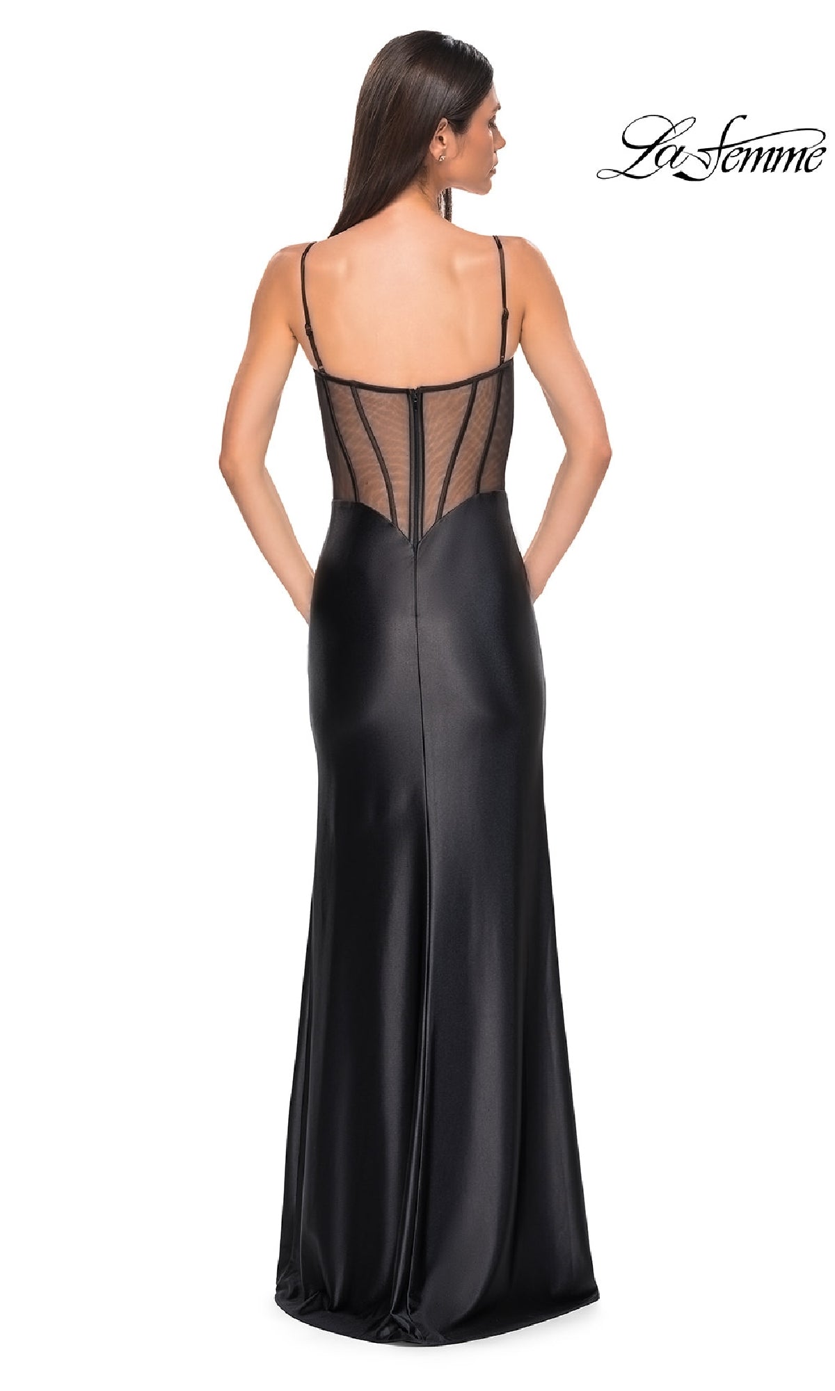 Woman wearing the La Femme 32640 Sheer-Back Simple Long Prom Dress in black, featuring a sheer mesh back and thin straps, shown from behind. The La Femme logo appears in the upper right corner.